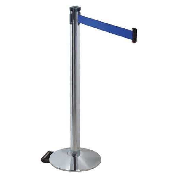 Barrier Post with Belt, Gray, 10 ft Length, 40 in Post Height, No Legend, Polished chrome