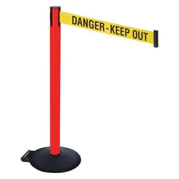 Barrier Post with Belt, Black, 10 ft Length, 40 in Post Height, Danger Keep Out, Powder Coated