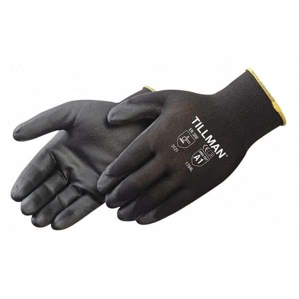Coated Gloves, Polyurethane, Palm, Not Rated Abrasion Level, Black, L 1 PR