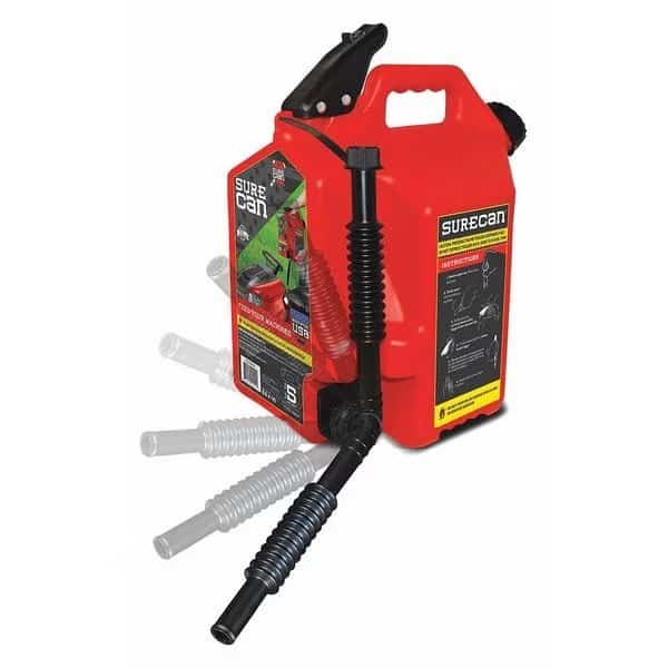 Gas Can, HDPE, 5 gal, Flexible Rotating Nozzle, Self Venting, Thumb Trigger, Red, Gasoline
