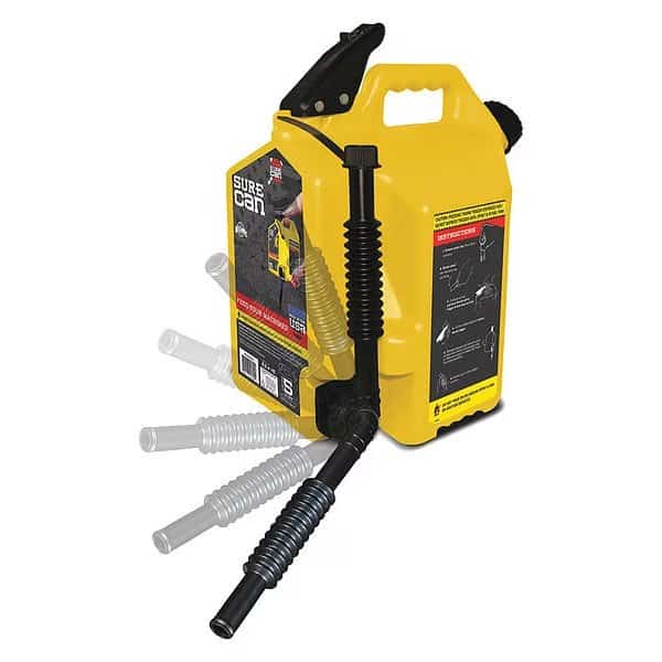 Gas Can, HDPE, 5 gal, Flexible Rotating Nozzle, Self Venting, Thumb Trigger, Yellow, Diesel