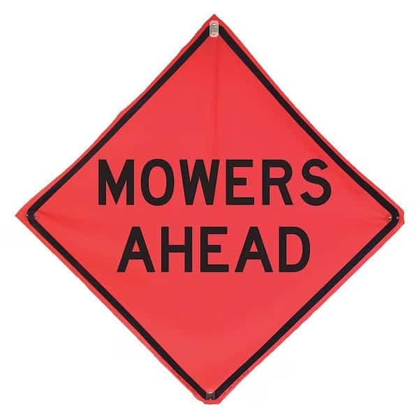 Mowing Ahead Traffic Sign, 48 in H, 48 in W, Polyester, PVC, Diamond, English, 8CD69, Eastern Metal Signs And Safety, Mfr#: 8CD69