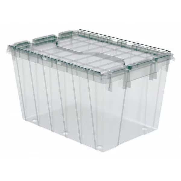 Attached Lid Container, 12 gal, 21 1/2 in L, 15 1/4 in W, 12 1/2 in H, Clear, Plastic, Steel Hinge