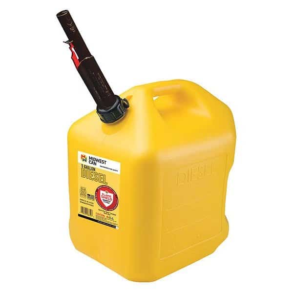 Gas Can, HDPE, 5 gal, Flame Shield Safety System, Quick-Flow Spout Included, Yellow, Diesel