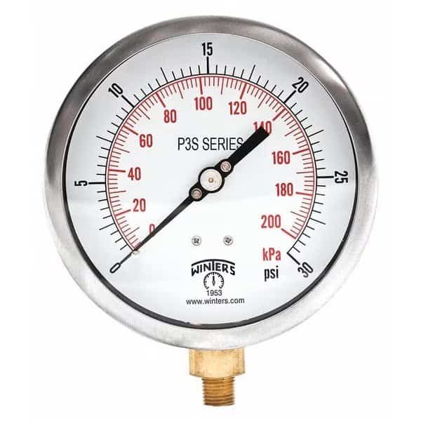 Industrial Pressure Gauge, 0 to 30 psi, 4 1/2 in Dial, 1/4 in NPT, Bottom Location