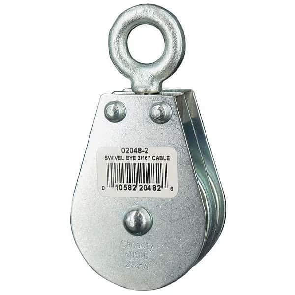 Pulley Block, Wire Rope, 3/16 in Max Cable Size, 600 lb Max Load, Zinc Plated