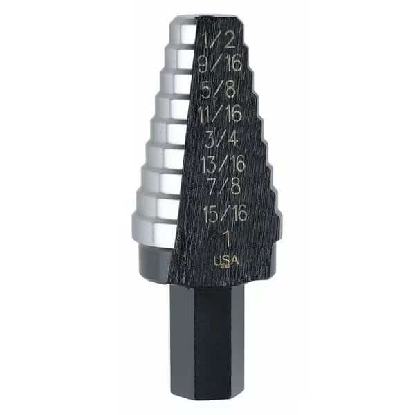 Step Drill Bit, 8 Hole Sizes, 9/16 in to 1 in, 1/16 in Step Increments, High Speed Steel, Hex Shank