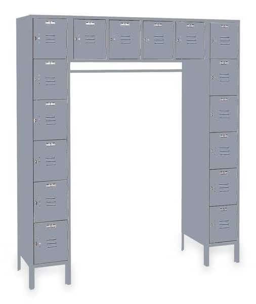 Box Locker Unit with Coat Rod, 69 in W, 18 in D, 78 in H, (6) Tier, (6) Wide, Dove Gray