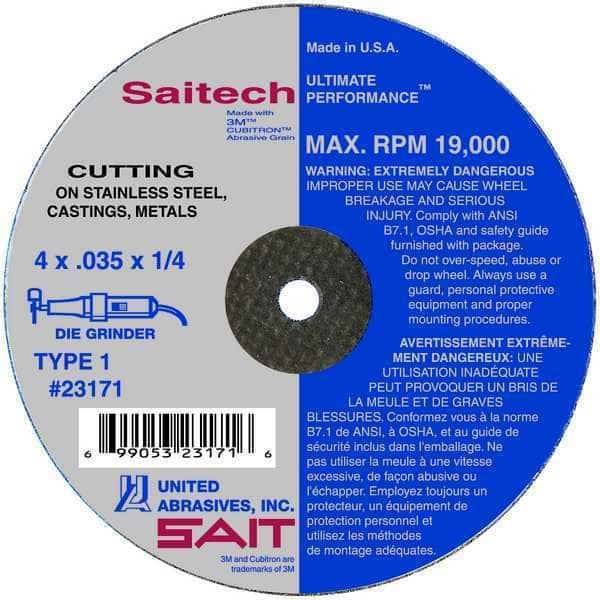 Abrasive Cut-Off Wheel, Type 1-/ Type 41, 4 in Dia, 1/16 in Thick, 3/8 in Arbor Hole Size, Ceramic