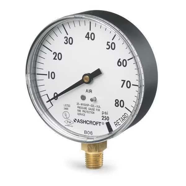 Pressure Gauge, 0 to 80 psi, 1/4 in MNPT, Plastic, Black