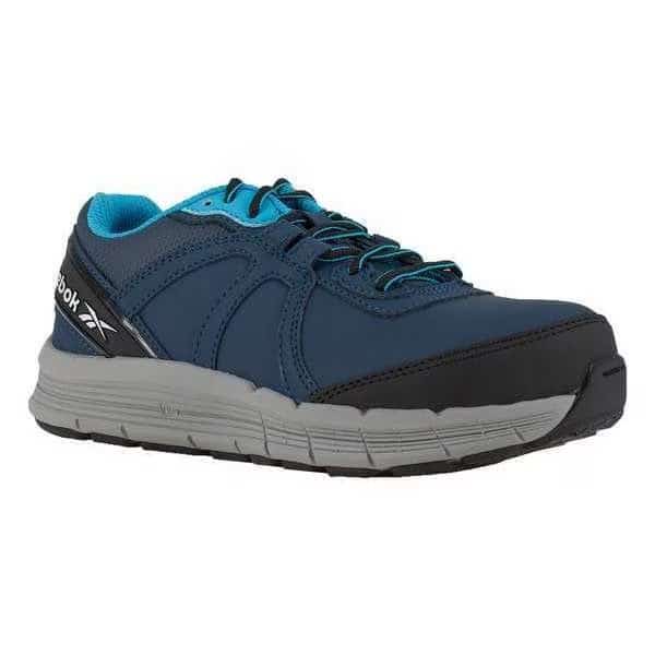Women's Athletic Shoe, Steel Toe, Leather, Mesh Upper, Rubber Outsole, Lace Up, Light Blue/Navy, 7