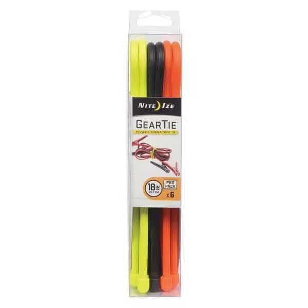 Gear Tie, 18 in L, Variable Max Bundle Dia., Black, Orange, Yellow, Rubber, Wire, 6 PK