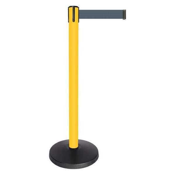 Barrier Post with Belt, Yellow, 10 ft Length, 40 in Post Height, No Legend, Powder Coated