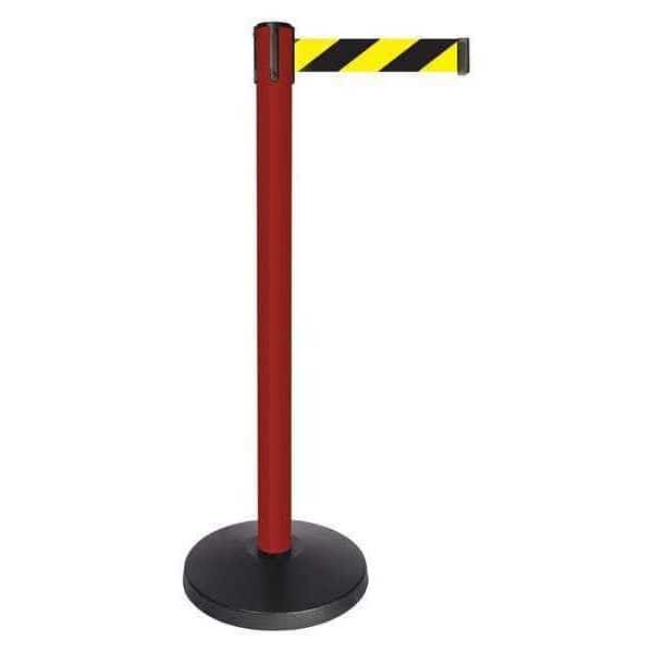 Barrier Post with Belt, Red, 10 ft Length, 40 in Post Height, No Legend, Powder Coated