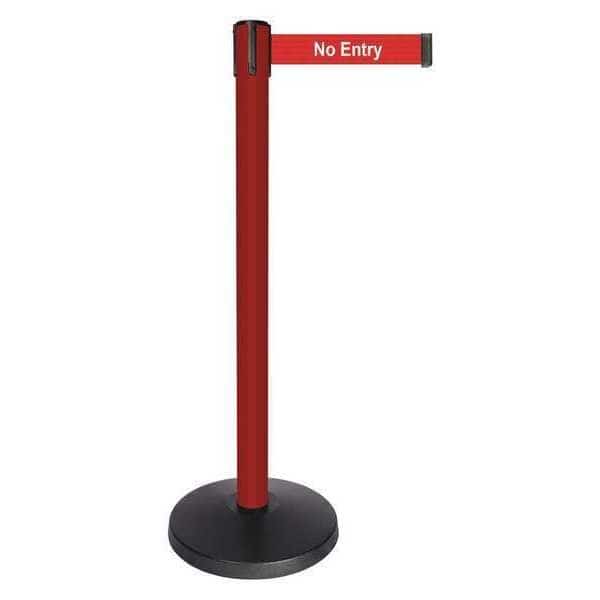 Barrier Post with Belt, Red, 10 ft Length, 40 in Post Height, No Entry, Powder Coated
