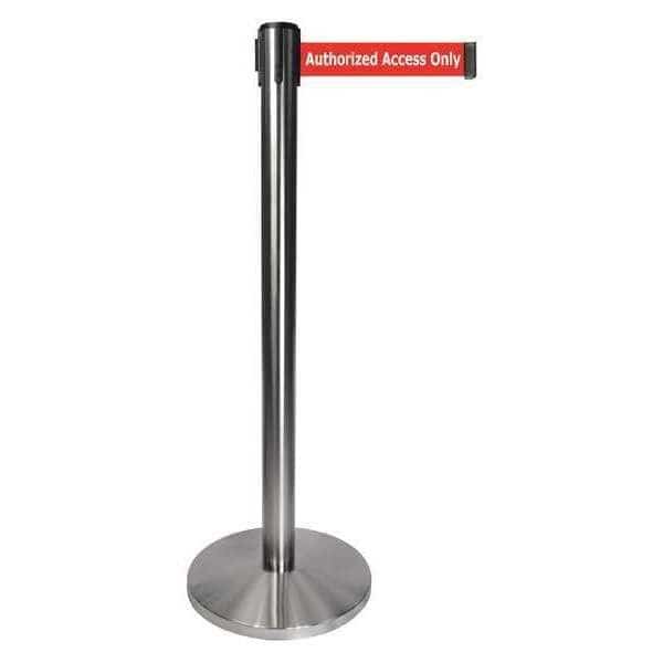 Barrier Post with Belt, Gray, 10 ft Length, 40 in Post Height, Authorized Access Only, Satin Chrome