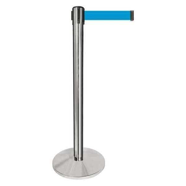 Barrier Post with Belt, Silver, 10 ft Length, 40 in Post Height, No Legend, Polished chrome