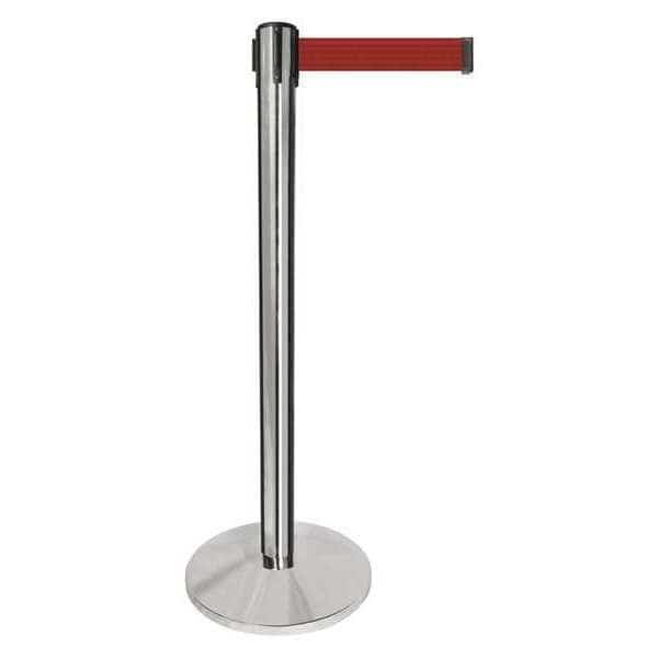 Barrier Post with Belt, Silver, 10 ft Length, 40 in Post Height, No Legend, Polished chrome