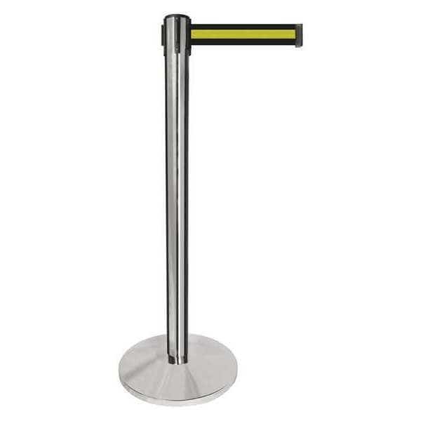 Barrier Post with Belt, Silver, 10 ft Length, 40 in Post Height, No Legend, Polished chrome