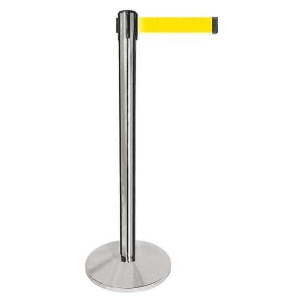 Barrier Post with Belt, Silver, 10 ft Length, 40 in Post Height, No Legend, Polished chrome