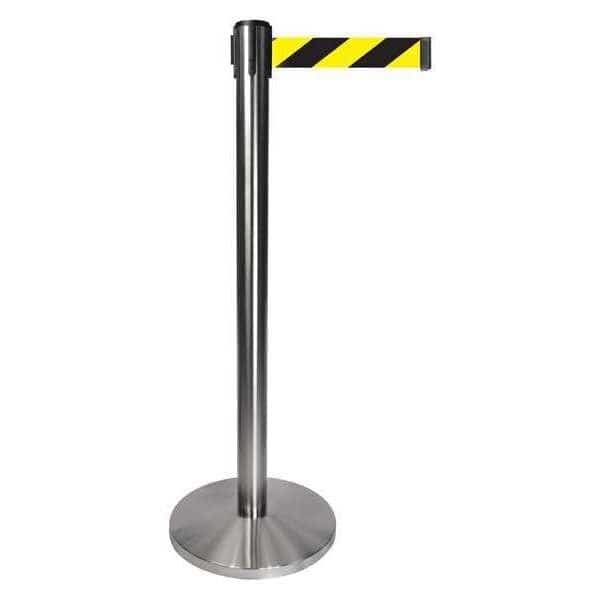 Barrier Post with Belt, Gray, 10 ft Length, 40 in Post Height, No Legend, Satin Chrome