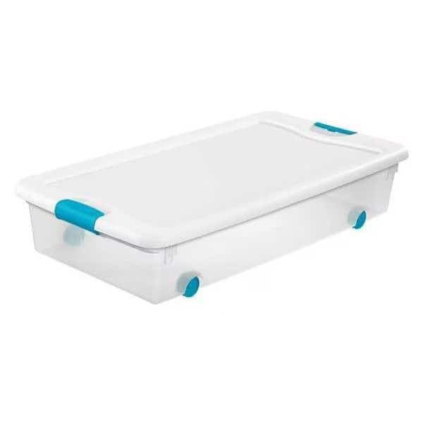 Storage Tote W/ Lid, 14 gal, 33-7/8 in L, 18-3/4 in W, 7 in H, Clear, White, Polypropylene