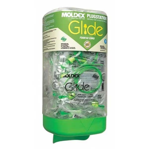 Glide Ear Plugs Dispenser with Refill, Corded, Pod Shape, NRR 30 dB, Hi-Vis Green, M, 150 Pairs