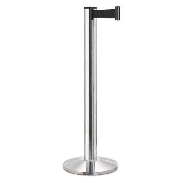 Barrier Post with Belt, Silver, 15 ft Length, 40 in Post Height, No Legend, Polished chrome