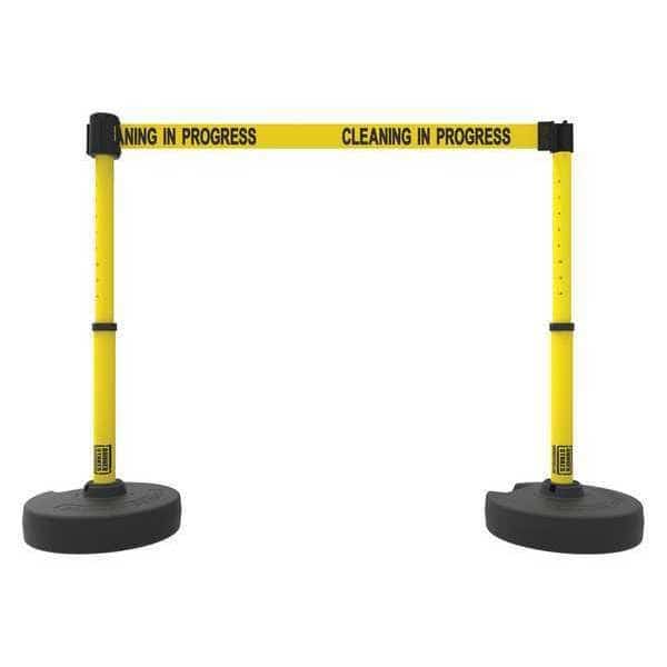Barrier Post with Belt, Yellow, 15 ft Length, 22 in to 42 in Adjustable Post Height