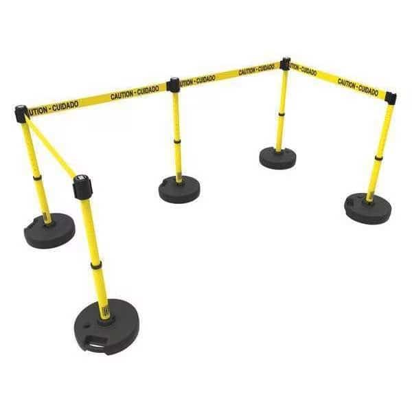 Barrier Post with Belt, Yellow, 15 ft Length, 22 in to 42 in Adjustable Post Height