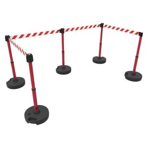 Barrier Post with Belt, Red with White Stripes, 15 ft Length, 22 in to 42 in Adjustable Post Height