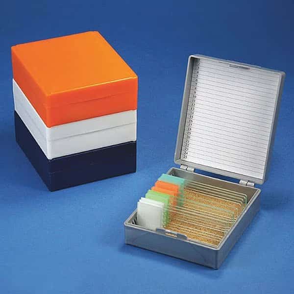 Microscope Slide Box,Blue/Gray/OR/Wt,PK5, Mfr#: 513075AST, GLOBE SCIENTIFIC