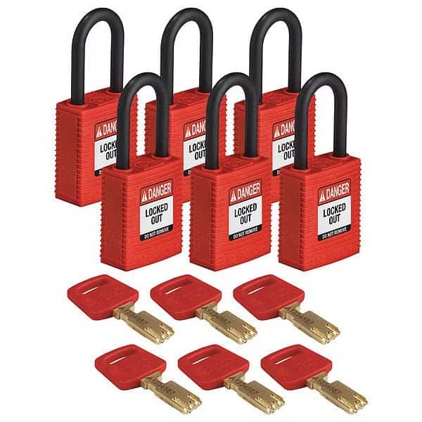 Lockout Padlock, Nylon, Red, Rectangulr, PK6