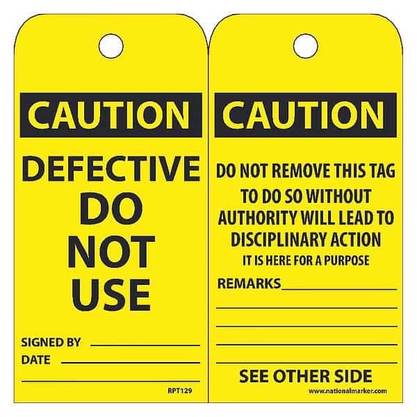 Caution Defective Do Not Use Tag, Pk25