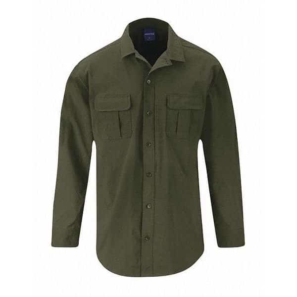 Tactical Shirt, 6% Spandex, 94% Nylon, Button Front, 4 Pocket(s), Olive Green, 2XL