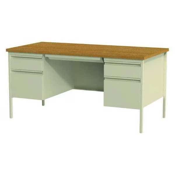 Office Desk, Double Pedestal, 60"W x 30"D, Putty/Oak