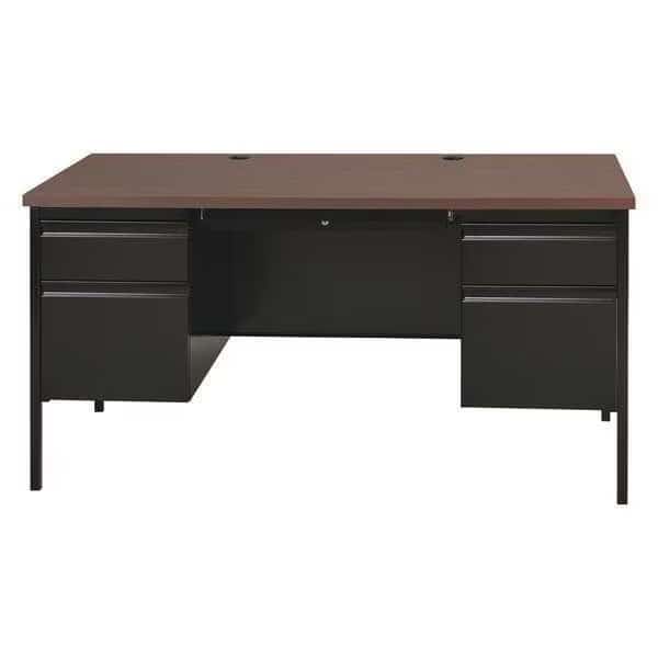 Office Desk, Double Pedestal, 60"W x 30"D, Black/Walnut