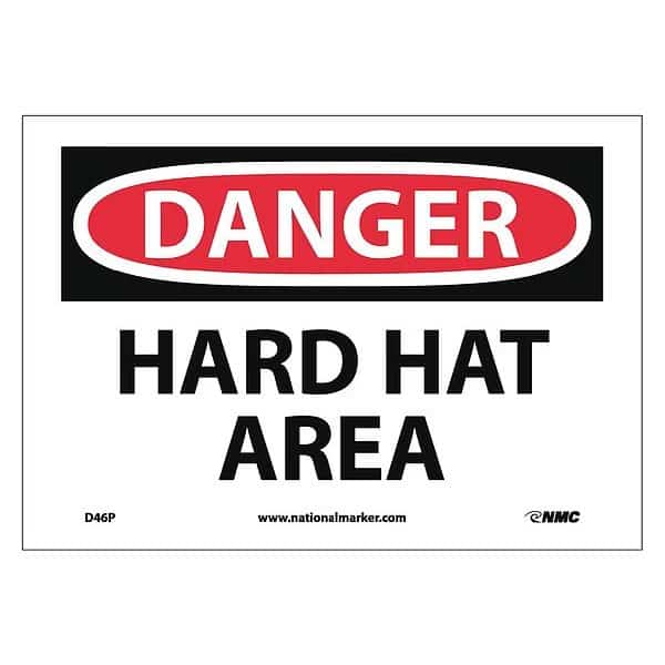 Danger Hard Hat Area Sign, 7 in Height, 10 in Width, Pressure Sensitive Vinyl