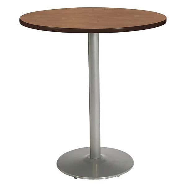 Round KFI Mode 48" Round Top Breakroom Table, River Cherry Finish, Round Silver Base, Bistro Height