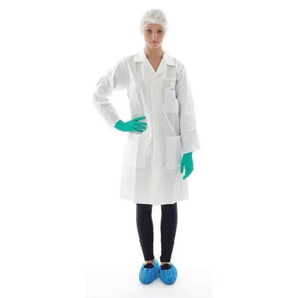 BioClean Lab Coat, Non-Woven Polypropylene Laminate/Polyethylene, Snaps Closure, White, XL, 30 PK