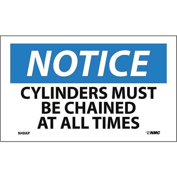 Sign, Notc Cylindr Must Be Ch At All, PK5, 3 in Height, 5 in Width, Pressure Sensitive Vinyl