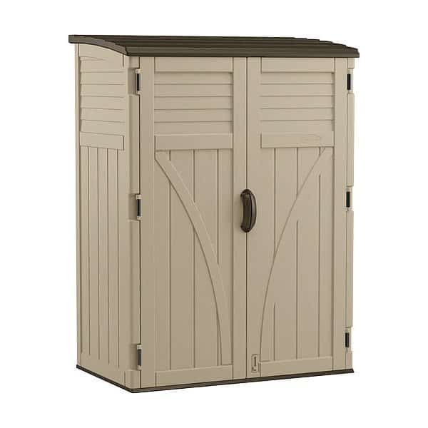 54 cu ft Resin Vertical Storage Shed, 4 ft 5 in W x 2 ft 8.5 in D x 5 ft 11.5 in H, Sand/Mustang