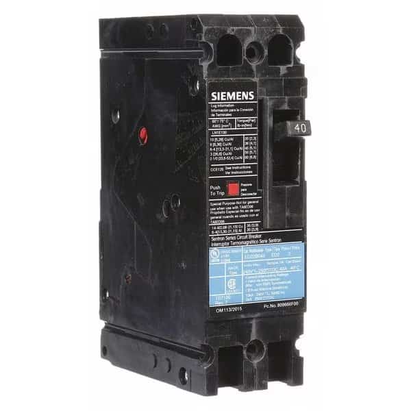 Molded Case Circuit Breaker, 40 A, 240V AC, 2 Pole, Lug In Panelboard Mounting Style, ED2 Series, SIEMENS, Mfr# ED22B040