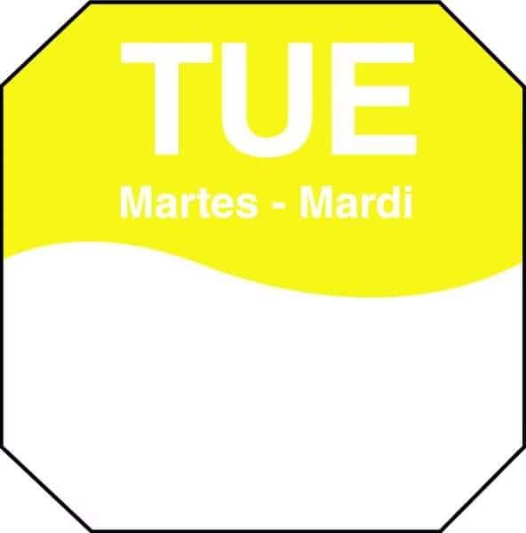 Day Label, Tuesday, 3-1/7 In. W, PK1000