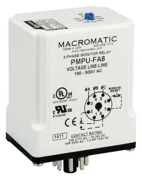3 Phase Monitor Relay, SPDT, 500VAC, 8 Pin, MACROMATIC, Mfr# PMPU-FA8