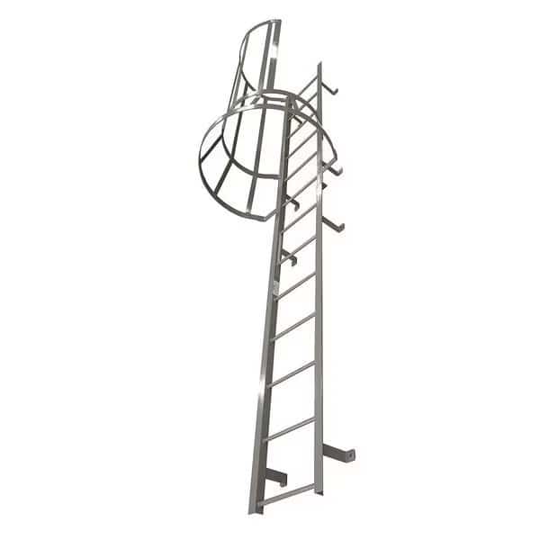 17 ft 3 in Overall H, Fixed Ladder with Safety Cage, Steel, 18 Steps, Right Exit