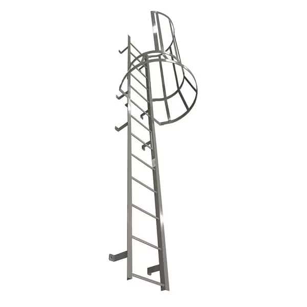 27 ft 3 in Overall H, Fixed Ladder with Safety Cage, Steel, 28 Steps, Left Exit