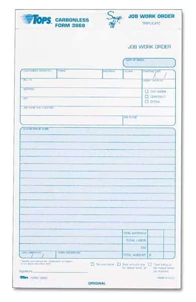 Job Work Order Form, 5-1/2 x 8-1/2, PK50, TOPS, Mfr# TOP3868