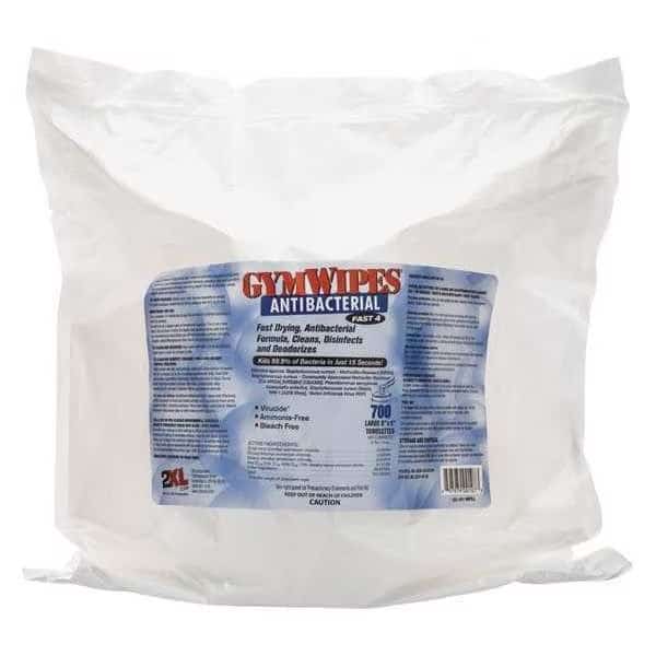 Antibacterial Gym Wipes, Bag, Unscented, White, 4 PK