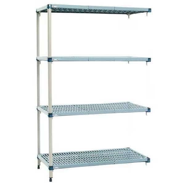 Shelf Plastic Industrial Shelving (4), 60 in D, 18 in W, 62 in H, 4 Shelves, Blue/Taupe